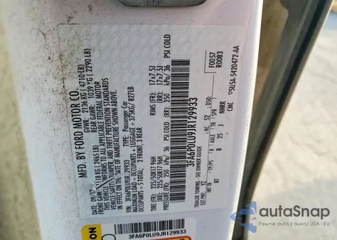 2018 Ford Fusion Se Hybrid z USA, uszkodzony, nr VIN 3FA6P0LU9JR129933